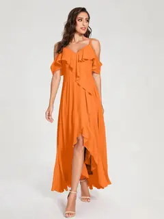 A-Line/Princess Spaghetti Straps V-Neck Short Sleeves Asymmetrical Bridemaid Dresses With Ruffles — view 72