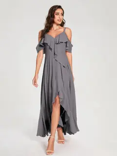 A-Line/Princess Spaghetti Straps V-Neck Short Sleeves Asymmetrical Bridemaid Dresses With Ruffles — view 74