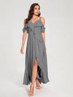 A-Line/Princess Spaghetti Straps V-Neck Short Sleeves Asymmetrical Bridemaid Dresses With Ruffles — view 75