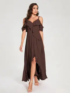 A-Line/Princess Spaghetti Straps V-Neck Short Sleeves Asymmetrical Bridemaid Dresses With Ruffles — view 76