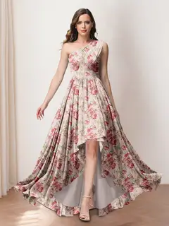 A-Line/Princess One-Shoulder Asymmetrical Printed Floral Bridesmaid Dresses with Ruffles — view 1