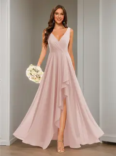 A-Line/Princess V Neck Sleeveless Floor Length Bridesmaid Dresses Chiffon with Slit Pockets — view 1