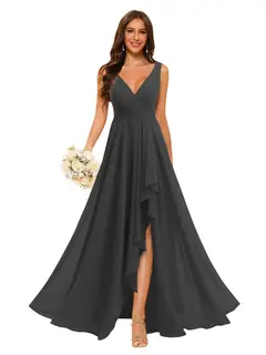 A-Line/Princess V Neck Sleeveless Floor Length Bridesmaid Dresses Chiffon with Slit Pockets — view 2