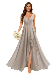 A-Line/Princess V Neck Sleeveless Floor Length Bridesmaid Dresses Chiffon with Slit Pockets — view 3