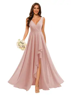 A-Line/Princess V Neck Sleeveless Floor Length Bridesmaid Dresses Chiffon with Slit Pockets — view 4