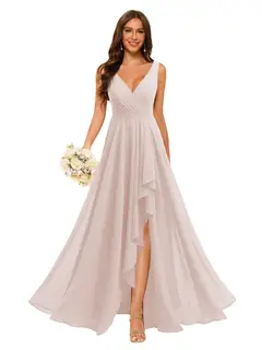 A-Line/Princess V Neck Sleeveless Floor Length Bridesmaid Dresses Chiffon with Slit Pockets — view 5