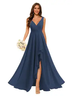 A-Line/Princess V Neck Sleeveless Floor Length Bridesmaid Dresses Chiffon with Slit Pockets — view 6