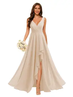 A-Line/Princess V Neck Sleeveless Floor Length Bridesmaid Dresses Chiffon with Slit Pockets — view 8