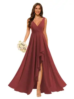 A-Line/Princess V Neck Sleeveless Floor Length Bridesmaid Dresses Chiffon with Slit Pockets — view 9