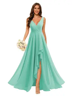 A-Line/Princess V Neck Sleeveless Floor Length Bridesmaid Dresses Chiffon with Slit Pockets — view 10