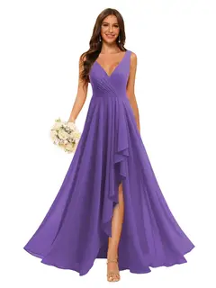 A-Line/Princess V Neck Sleeveless Floor Length Bridesmaid Dresses Chiffon with Slit Pockets — view 11