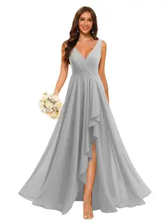 A-Line/Princess V Neck Sleeveless Floor Length Bridesmaid Dresses Chiffon with Slit Pockets — view 12