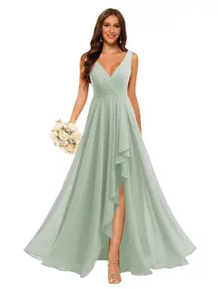 A-Line/Princess V Neck Sleeveless Floor Length Bridesmaid Dresses Chiffon with Slit Pockets — view 14