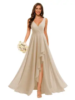 A-Line/Princess V Neck Sleeveless Floor Length Bridesmaid Dresses Chiffon with Slit Pockets — view 15