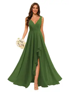 A-Line/Princess V Neck Sleeveless Floor Length Bridesmaid Dresses Chiffon with Slit Pockets — view 16