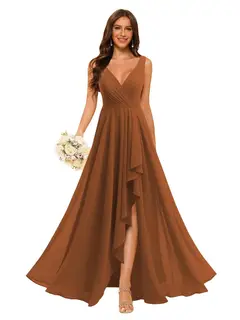 A-Line/Princess V Neck Sleeveless Floor Length Bridesmaid Dresses Chiffon with Slit Pockets — view 17
