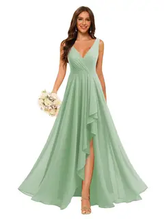 A-Line/Princess V Neck Sleeveless Floor Length Bridesmaid Dresses Chiffon with Slit Pockets — view 18