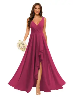 A-Line/Princess V Neck Sleeveless Floor Length Bridesmaid Dresses Chiffon with Slit Pockets — view 19