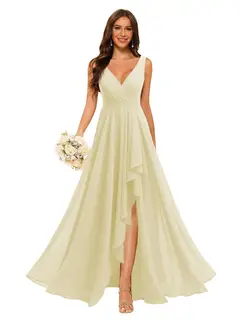 A-Line/Princess V Neck Sleeveless Floor Length Bridesmaid Dresses Chiffon with Slit Pockets — view 20