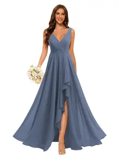 A-Line/Princess V Neck Sleeveless Floor Length Bridesmaid Dresses Chiffon with Slit Pockets — view 22