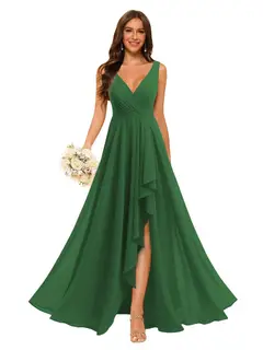 A-Line/Princess V Neck Sleeveless Floor Length Bridesmaid Dresses Chiffon with Slit Pockets — view 23