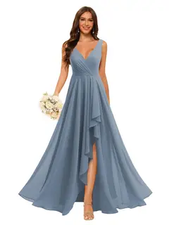 A-Line/Princess V Neck Sleeveless Floor Length Bridesmaid Dresses Chiffon with Slit Pockets — view 24
