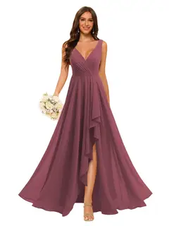A-Line/Princess V Neck Sleeveless Floor Length Bridesmaid Dresses Chiffon with Slit Pockets — view 25