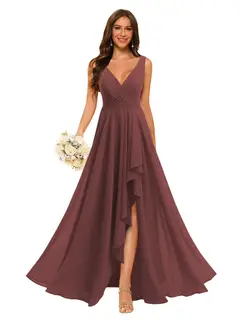 A-Line/Princess V Neck Sleeveless Floor Length Bridesmaid Dresses Chiffon with Slit Pockets — view 26
