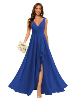 A-Line/Princess V Neck Sleeveless Floor Length Bridesmaid Dresses Chiffon with Slit Pockets — view 28