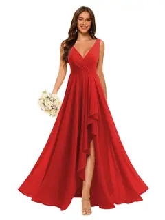 A-Line/Princess V Neck Sleeveless Floor Length Bridesmaid Dresses Chiffon with Slit Pockets — view 29