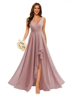 A-Line/Princess V Neck Sleeveless Floor Length Bridesmaid Dresses Chiffon with Slit Pockets — view 30