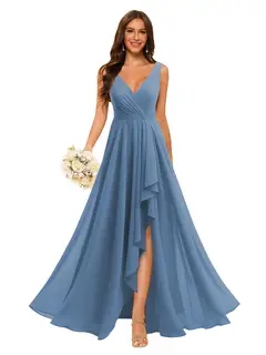 A-Line/Princess V Neck Sleeveless Floor Length Bridesmaid Dresses Chiffon with Slit Pockets — view 31