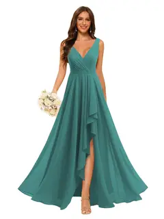 A-Line/Princess V Neck Sleeveless Floor Length Bridesmaid Dresses Chiffon with Slit Pockets — view 32