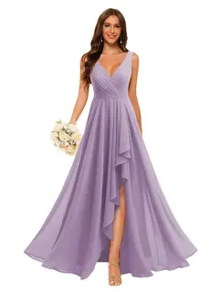 A-Line/Princess V Neck Sleeveless Floor Length Bridesmaid Dresses Chiffon with Slit Pockets — view 33