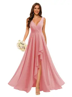 A-Line/Princess V Neck Sleeveless Floor Length Bridesmaid Dresses Chiffon with Slit Pockets — view 34