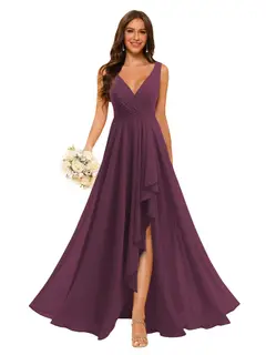 A-Line/Princess V Neck Sleeveless Floor Length Bridesmaid Dresses Chiffon with Slit Pockets — view 36