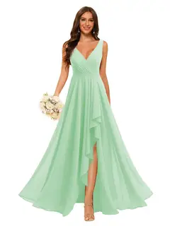 A-Line/Princess V Neck Sleeveless Floor Length Bridesmaid Dresses Chiffon with Slit Pockets — view 37