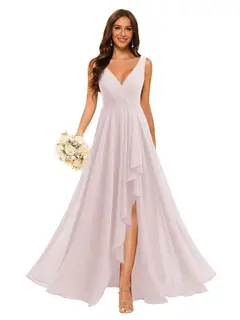 A-Line/Princess V Neck Sleeveless Floor Length Bridesmaid Dresses Chiffon with Slit Pockets — view 38