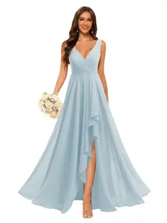 A-Line/Princess V Neck Sleeveless Floor Length Bridesmaid Dresses Chiffon with Slit Pockets — view 39