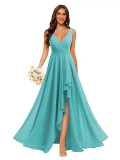 A-Line/Princess V Neck Sleeveless Floor Length Bridesmaid Dresses Chiffon with Slit Pockets — view 40