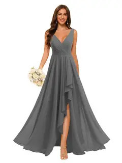 A-Line/Princess V Neck Sleeveless Floor Length Bridesmaid Dresses Chiffon with Slit Pockets — view 41