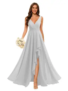 A-Line/Princess V Neck Sleeveless Floor Length Bridesmaid Dresses Chiffon with Slit Pockets — view 42