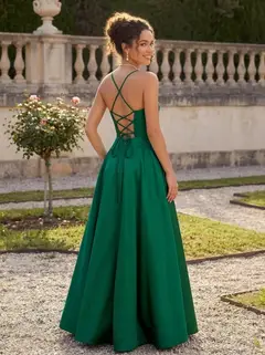 A-Line/Princess Square Neckline Satin Bridesmaid Dresses Sleeveless Floor-Length With Bow — view 2