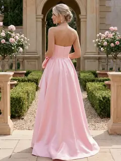 A-Line/Princess Strapless Satin Bridesmaid Dresses Sleeveless Floor-Length With Split Front/Bow — view 2