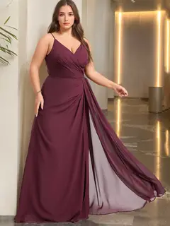 A Line/Princess Spaghetti Straps V-Neck Sleeveless Unique Plus Size Bridesmaid Dresses with Ruffles & Split Side — view 1