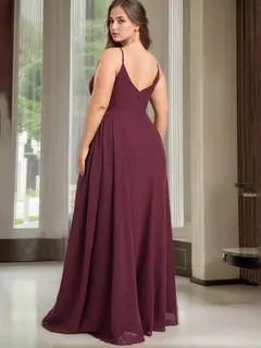 A Line/Princess Spaghetti Straps V-Neck Sleeveless Unique Plus Size Bridesmaid Dresses with Ruffles & Split Side — view 2