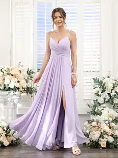 A-Line/Princess V-Neck Spaghetti Straps Sleeveless Floor-Length Chiffon Bridesmaid Dresses with Split Side — view 1
