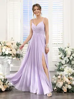 A-Line/Princess V-Neck Spaghetti Straps Sleeveless Floor-Length Chiffon Bridesmaid Dresses with Split Side — view 4