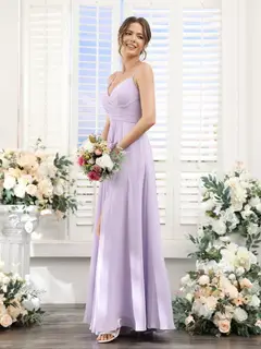 A-Line/Princess V-Neck Spaghetti Straps Sleeveless Floor-Length Chiffon Bridesmaid Dresses with Split Side — view 5