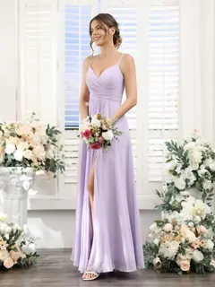 A-Line/Princess V-Neck Spaghetti Straps Sleeveless Floor-Length Chiffon Bridesmaid Dresses with Split Side — view 6